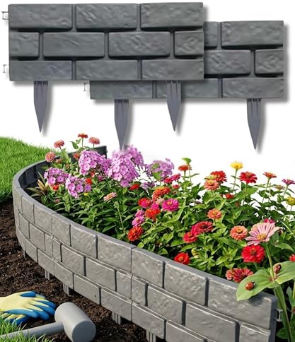 Electoys Lot de 8 bordures de jardin en plastique gris – Effet brique – Clôture paysagère pour parterres de plantes, arbres et étangs