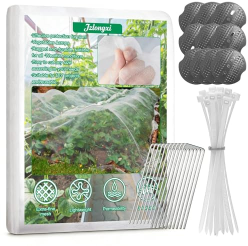 3x15M Fine Mesh Insect Netting, 60 Mesh Anti Bird Butterfly Garden Netting, Heavy Duty Plant Cover & Crop Protection Netting with 10 Pegs 15 Zip Ties for Vegetables, Fruits, Raised Beds