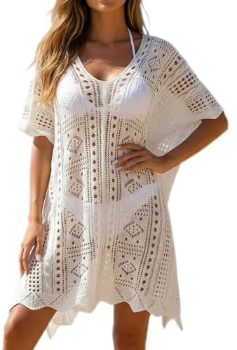 Crochet Beach Cover Up, Bikini Cover Ups for Women Beachwear, Swimsuit Crochet Dress, Pullover Beach Coverups for Women, Hollow Out Bathing Suit (UK, Alpha, One Size, Regular, Regular, White)