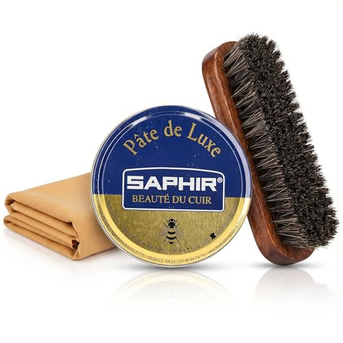 JJ Collections Saphir High Gloss Black Shoe Polish 50ml Bundled with Horsehair Brush & Cotton Cloth – Premium Shoe Polish Kit for Leather Cleaner Care, Black Boot Polish Shine