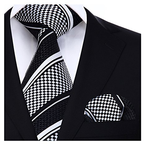HISDERN Mariage raye Cravate Mouchoir La cravate des hommes & Carre de poche Set Noir blanc