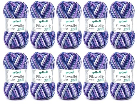 Gründl Wolle Filzwolle color - Dicke Wolle zum Filzen in der Waschmaschine - Strickgarn zum Filzen - Weich und hautfreundlich - 100% Schurwolle - 10 Knäuel 50 g /50 m -Nadelstärke 8-9 - grau-lila