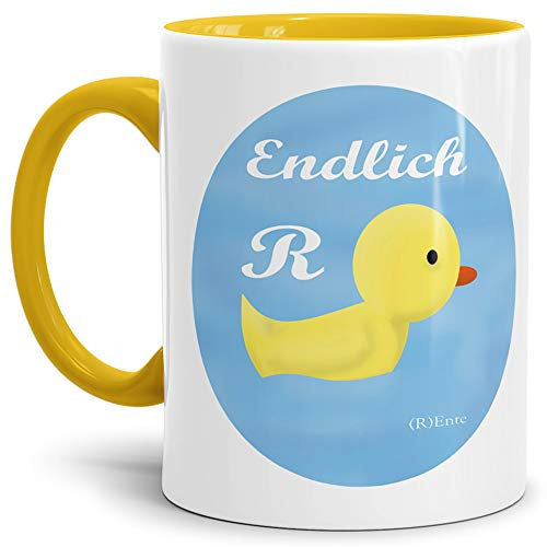 Geschenk-Tasse zum Ruhestand mit Spruch: Endlich (R) Ente/Rente/Rentner/Pension/Abschieds-Geschenk/Innen & Henkel Gelb