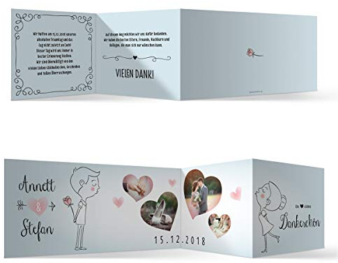 10 bis 100 Stück personalisierte Hochzeit Dankeskarten Danksagungskarten individuell mit Ihren Texten und Fotos Zickzack Klappkarte DIN Lang 99 x 210 mm - Küssendes Paar, festes Papier