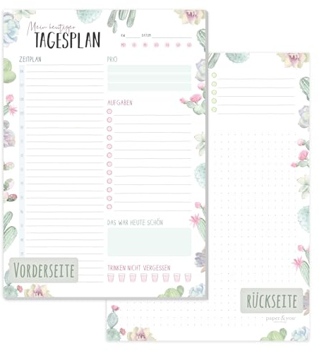 Tagesplaner Block A5 Daily Planner mit To-do-Liste Kakteen | Für klare Tagesplanung: 50 Blatt mit 100g/m²-Papier, Zeitplan, To-do-Liste, Prios, Highlight & Notizfläche