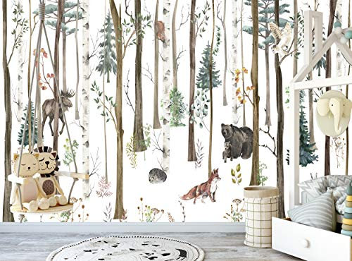 Papier peint photo aquarelle animaux de la forêt pour chambre d'enfant, chambre d'enfant, décoration murale d'art 366 cm x 254 cm (l x H)