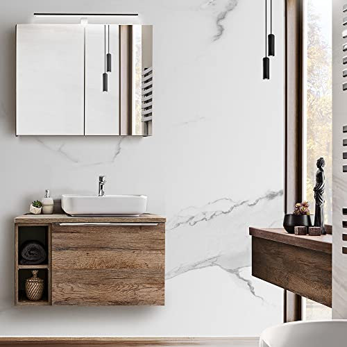 Lomadox Set di mobili da bagno in rovere vintage, con ripiano, lavabo in ceramica, 60 cm, armadietto a specchio con illuminazione a LED