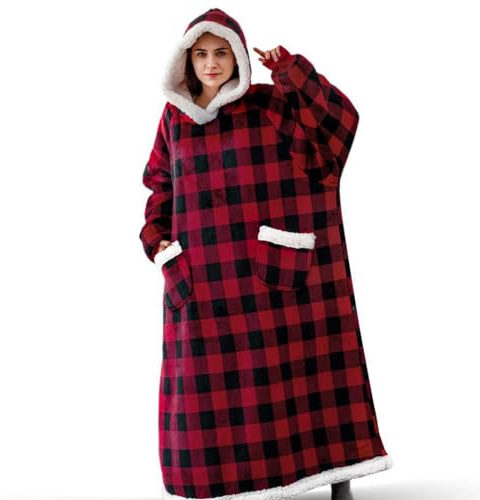 FEELJAM Decke mit Ärmeln und Kapuze Hoodie Decke Erwachsene Ärmeldecke Weich Warm Kuscheldecke mit Ärmeln (Rot schwarz, 180 lang)