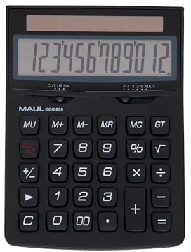 MAUL Tischrechner ECO 850 schwarz groß Solar 12-stellig fürs Büro | angewinkeltes LCD gut ablesbar, Doppel-Null-Taste für Tempo, Grand-Total-Speicher, pflegeleichtes Bedienfeld