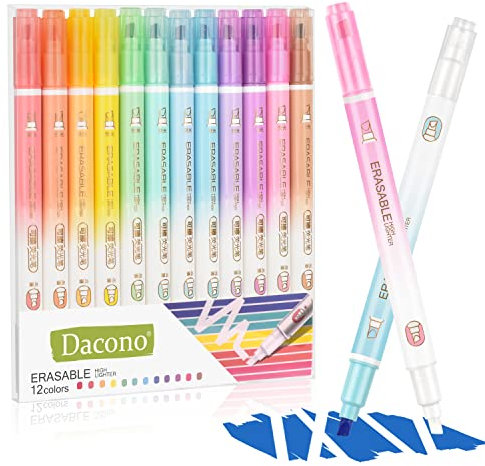 Dacono löschbare Textmarker, 12 PC Doppelkopf glatte Schreiben Textmarker, Meißelspitze sortierte Farben Textmarker Marker Stifte für Journal Bibel Planer Notizen Schule Bürobedarf