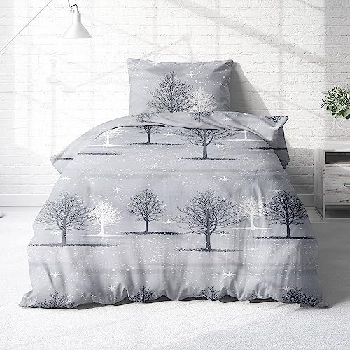 Träumschön Biber Bettwäsche Set 2tlg 135x200 cm + 80x80 cm – Flauschige Weihnachtsbettwäsche Grau – Weiche Winterbettwäsche - Weihnachten - Atmungsaktiv, Warm & Hautfreundlich - 100% Baumwolle