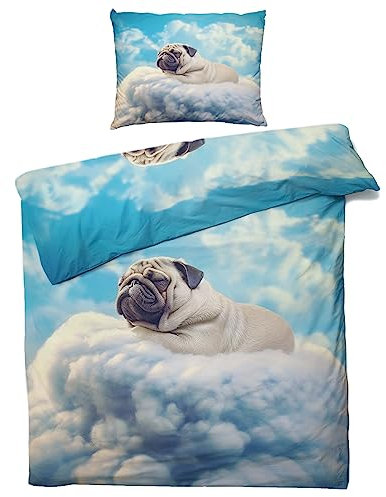 ZDABAOEC Cute Hund Mops Kinderbettwäsche 100x135 Jungen Mädchen, Weiche Microfaser Kinder Baby Bettwäsche 2er Set - 1 Bettbezug + 1 Kissenbezug 40x60, mit Reißverschluss, Wende Motiv