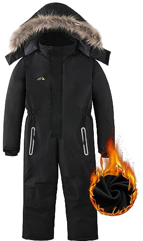 AFILOK Kid's Winter Overalls Ski Suits Boy's and Girl's Waterproof Snowboard Jumpsuits One Piece Snowsuit Jackets Coats (14-16, Black)