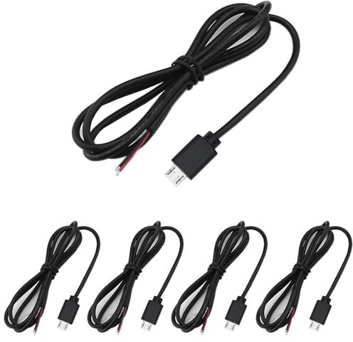 RUNCCI-YUN 5Stück 100cm 22AWG Micro USB Stecker Pigtail Stromkabel, 5V 3A Micro USB Stecker auf 2-Poligen Blanken Draht Offenes Ende, USB Pigtail Kabel-Verlängerungskabel, für LED-Leuchten, Fans