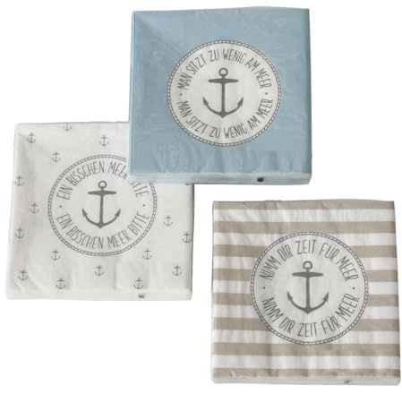 3 x 20 Servietten 'Anker Meer' Maritime Papierservietten - 3-lagig 33 x 33 cm