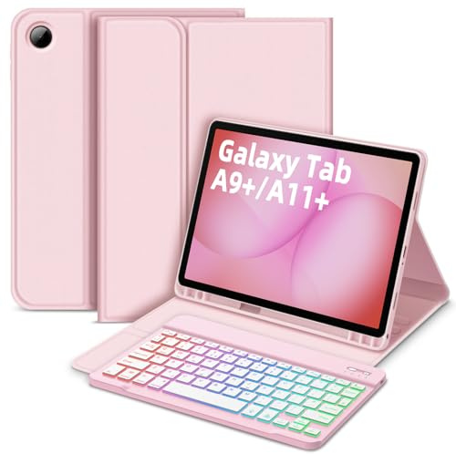 Bettdow für Samsung Galaxy Tab A11+/A9+ 11 Tastatur Hülle, Deutsch QWERTZ Layout Abnehmbarer Beleuchtete Tastatur, Hülle mit Stifthalter für Galaxy Tab A11 Plus 2025/A9 Plus 2023 11 Zoll, Rosa