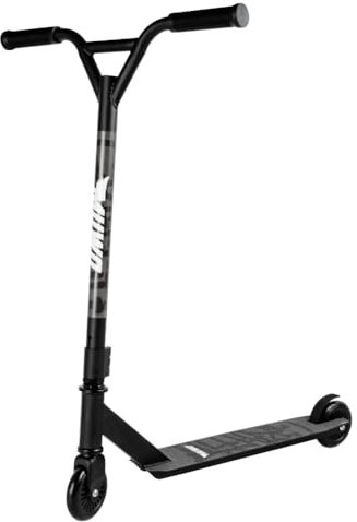 MUWO Halfpipe Stunt Scooter - Robuster Tretroller für Action und Tricks. Mit Rutschfester Trittfläche, Flexibler Rückradbremse und 360° Lenkung. Ideal für Kinder und Erwachsene. (Schwarz)