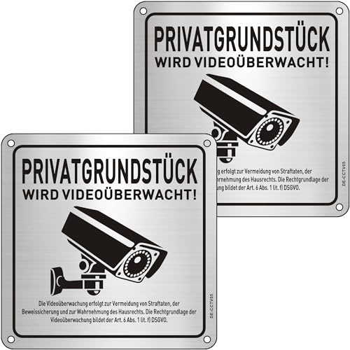 Privatgrundstück Videoüberwacht Schilder mit DSGVO Hinweis, 15×15cm Videoüberwachung Schild Alu mit Selbstklebend 2St