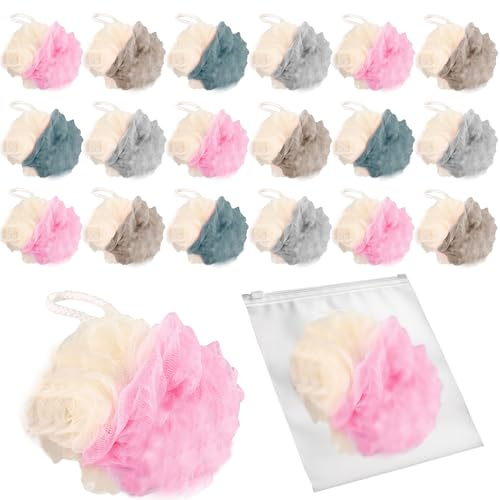 BEAGERUO 20 Pack Travel Loofah Individually Wrapped, Small Loofah Shower Puff, 30g Mini Bath Sponge Pouf Ball Body Sponges for Shower, Multicolor