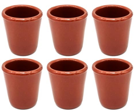 Acan Tradineur - Pack de 6 Vasos de chupito de barro - Diseño Tradicional y Artesanal - Ideal para servir vino, licores para celebraciones y fiestas - Color Marrón - Ø 4,8 x 5,2 cm - 50 ml