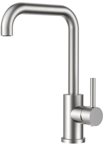 FORIOUS Kitchen Tap, Kitchen Sink Taps Mixer, 360 Swive Stainless Steel L Shaped Monobloc 1 Hole with Single Lever