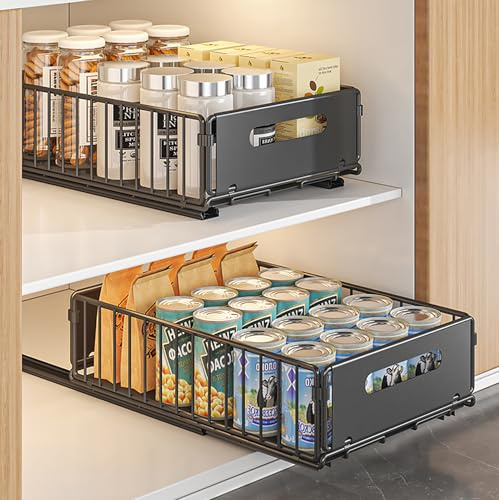 MaxEarn 2PCS Pull Out Cabinet Organizer, Carbon Steel Slide Out Drawer Storage Shelves for Kitchen Cupboard, 37.5 x 24.5x 10CM Roll-Out Sliding Drawer, Black Heavy Duty Sliding Mesh Cabinet Basket