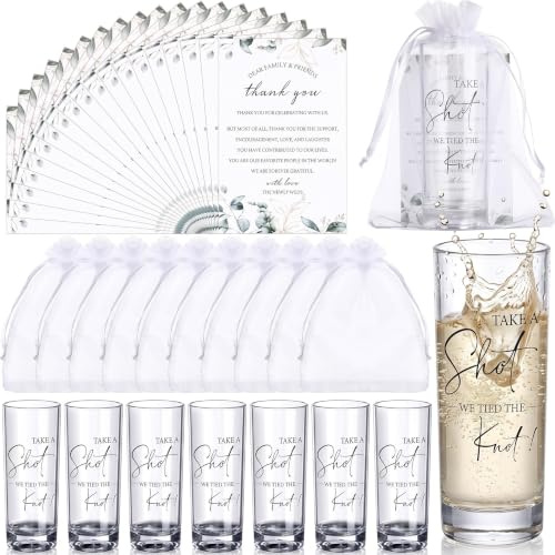 Sliner 50 Set Wedding Shot Glasses Favor Gift for Guest, Clear, White | 2oz Acrylic Take a Shot We Tied The Knot Shot Glasses with Thank You Cards Organza Bags, Bridal Shower Guest Souvenirs Bulk