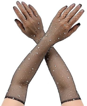 Fc'Noqgn 1 Paar lange schwarze Damen-Fischnetzhandschuhe mit funkelnden schwarzen Strasssteinen, Fashion Opera Handschuhe für Kostümpartys Halloween Cosplay Zubehör