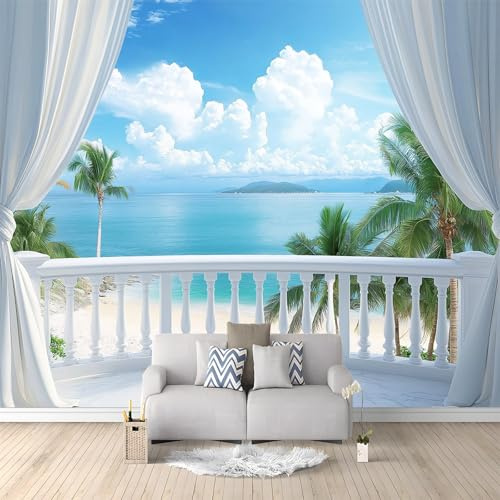 Carta da Parati Moderna Balcone Vista Mare Fuori Dalla Finestra Blu 400x280 cm Poster Gigante Carta da Parati, Tessuto Non Tessuto Fotomurale Carta da Parati, per Camera Letto, Soggiorno, Corridoio