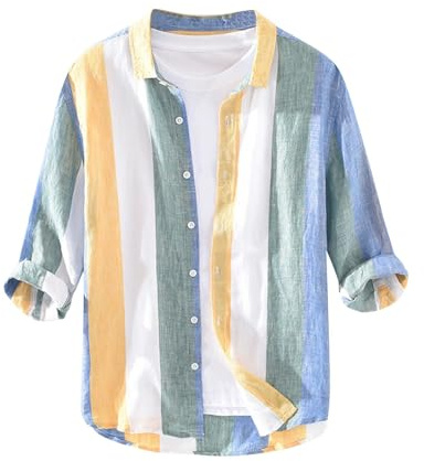 Chemise Homme Rayees Manches Longues Coton et Lin Chemises Été Hommes Leger en Coton Lin Chemisier de Plage Classique Henley Shirt Respirant Haut Tops Pas Cher Chemise de Affaires Blouses