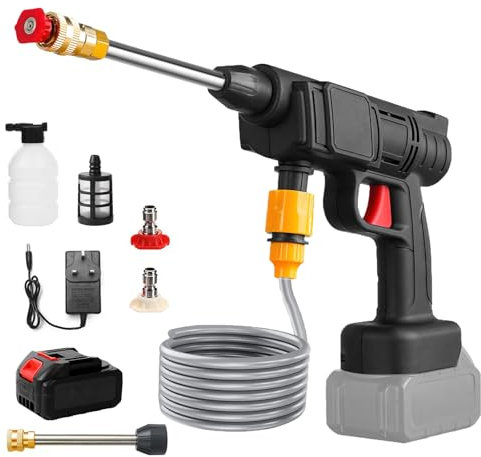 Pulitore ad alta pressione senza fili, pistola ad acqua ad alta pressione con batteria, 60 bar, pistola ad acqua elettrica con 1 batteria, caricatore e tubo da 5 m, per giardino e auto (B)