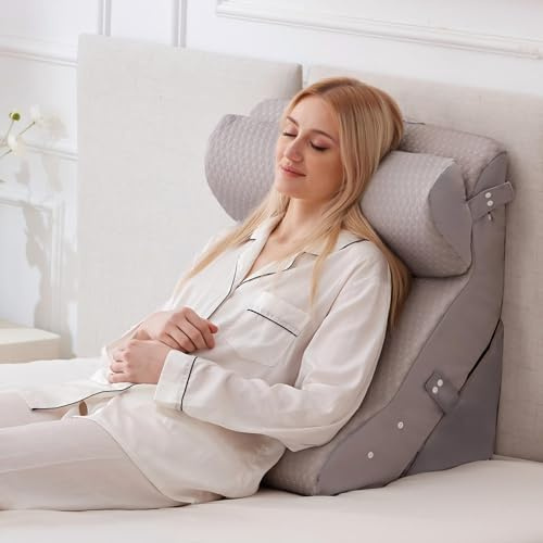 Ruqmuis 3PCS Wedge Pillow Set for After Surgery, Adjustable Back Pillow for Bed Sitting up, Acid Reflux, Bed Wedge Pillow Headboard for Sleeping & Snoring, Orthopedic Pillow for Post Surgery, Grey