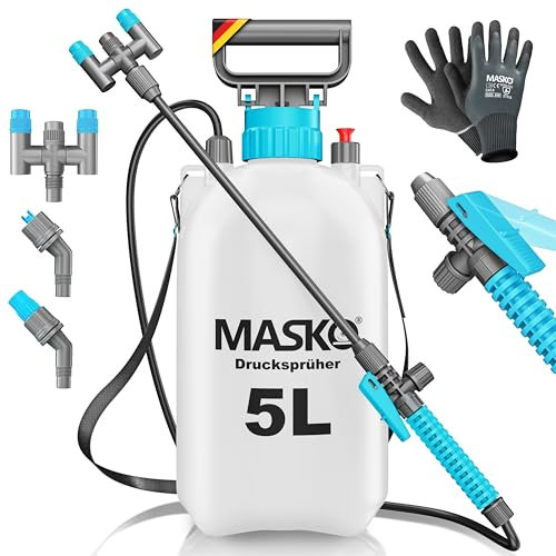 MASKO® Pulvérisateur à pression résistant aux acides 5 l avec buses réglables et tuyau de 1,3 m | Pulvérisateur pour protection des plantes, jardin et voiture | Pulvérisateur à pompe avec sangle de