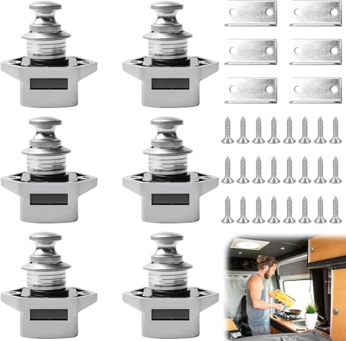 LEKEFETO 6 Stück Push Lock Schloss für Wohnmobil, Druckknopfverriegelung Schranktür, Push Button Catch, Möbelschloss Schubladenschloss für Caravan Wohnwagen Yacht Boot Camper – Chrom Silber