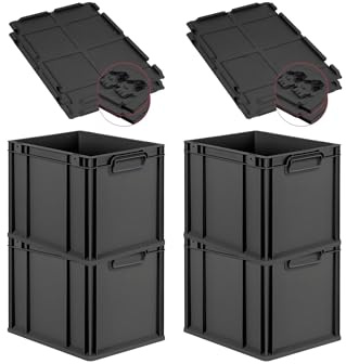 PROREGAL SuperSparSet 4x Eurobox NextGen Grip mit Scharnierdeckel & schwarzen Schiebeschnappverschlüssen, HxBxT 32x30x40cm, 30L, Schwarz, Griffe zu, Eurobehälter, Transportbox, Transportbehälter