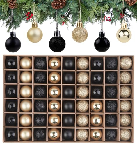 Anstore 54er Mini Weihnachtskugeln Schwarz Gold Set, Glitter Matte Glossy 3cm Kleine Christbaumkugeln Kunststoff Weihnachtsbaum Splitterfreie Kugeln Christbaumschmuck mit Aufhänger Deko Weihnachten