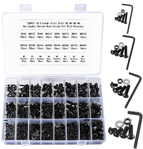 Set of 720 Pan Head Hexagon Socket Machine Screws Nuts and Washers Assortment Set, M3 M4 M5 M6 Threaded Screws Hexagon Socket Pan Head Screws and Nuts Kit