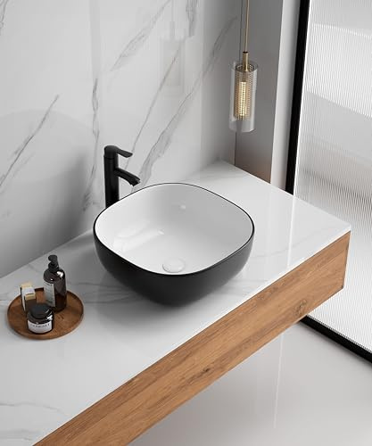 sanicomfort Aufsatzwaschtisch HERM 43 x 43 cm – rundes Waschbecken ohne Überlauf – Keramik Waschschale innen weiß, ausßen schwarz, modernes Design für Bad & Gäste-WC