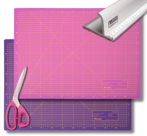 Victor skärmattor set lila rosa 45 x 60 cm 3-lagers skärmatta A2 självläkande inklusive sax och skärlinjal 52 cm av aluminium