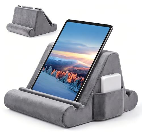 Lucrave Support tablette en forme de coussin, coussin doux pour les genoux, support tablette pour le lit avec 3 angles de vue, poche, support pour stylet, compatible avec iPad Pro 13, 10.5, Air, Mini