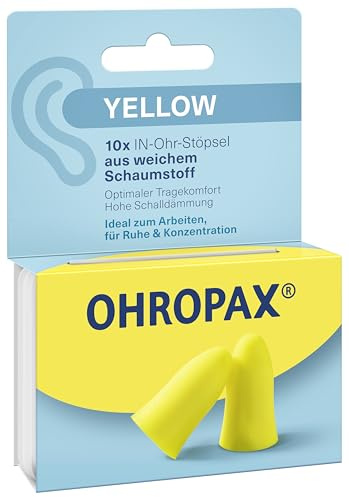 OHROPAX Yellow Ohrstöpsel – IN-Ohr-Stöpsel aus weichem Schaumstoff – komfortabel, auch bei langem Tragen – Schalldämmwert SNR 35 dB – ideal zum Arbeiten, für Ruhe und Konzentration – 10 Stück