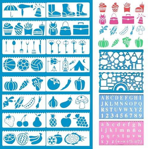 20 Stück Schablonen Set für Kinder & Technisches Zeichnen 16x Malschablonen + 2x Geometrie-Lineal + 2x Alphabet-Schablone für Lernen, Schule, Malen und Basteln (Gemischte Farben)