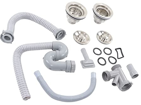 Ausla Abflussrohr-Küchenspüle, Edelstahl und ABS, Schnell Entleerendes Doppelwaschbecken-Siphon-Set, Ideal für die Verwendung in Küche und Bad