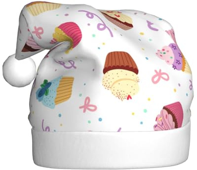AYYQWE Gorro de Papá Noel con estampado de deliciosos cupcakes para hombres y mujeres, decoración de fiesta, Año Nuevo, festividades, celebraciones, gorro de Navidad