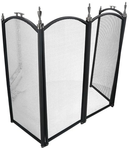 Svart 4 panel brandskärm skydd gnistskydd fint nät fristående ved eld