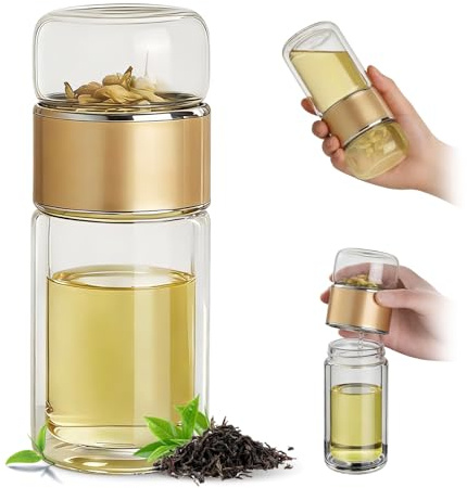 nnOuOnn 3-in-1 Smart Tea Infuser Bottle, Portable Double Glass with Integrated Strainer Teas Separation Cups, Flip and Brew Tea, for Loose Leaf Teas and Infused (Gold, 350, Millilitres)