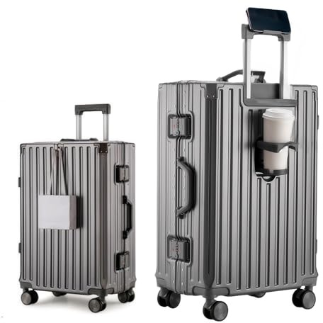 Alu-Rahmen Handgepäck Koffer (55cm) - 45L Hartschalenkoffer mit Becherhalter & Handyhalter - Premium Reisekoffer Trolley mit TSA-Schloss & 360° Doppelrollen - Robuster Begleiter für Urlaub & Business