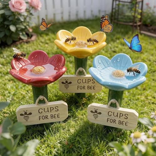 3Pcs Cups for Bees, Flower Shaped Bee Watering Station for Garden, Colorful Bee Cup for Thirsty Pollinator Garden UK Outdoor Drinking Feeder with Stake Base for Yard Lawn Patio Decor