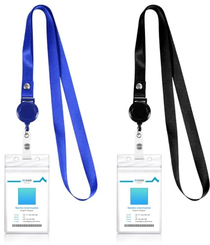 2 Stück Ausweishülle Mit Band, Kartenhülle mit Lanyards | Kartenhülle Hartplastik Transparente Wasserdichte Vertikal Ausweishalter Wiederverwendbar Kartenhalter Band (Schwarz, Blau)
