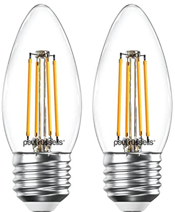 paul russells LED Candle Filament Light – 4.5W 40W Equivalent Replacement, 470LM Lumens, 2700K Warm White, ES E27 Edison Screw C35 Bulbs – Bright Energy Saving Non-Dimmable Lamps - 2 Pack